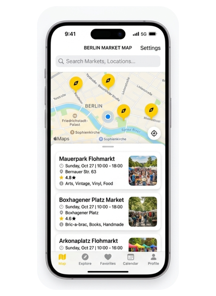 KiezGold-App auf dem iPhone: Schatzkarte mit Pins für Berliner Flohmärkte und Marktdetails.