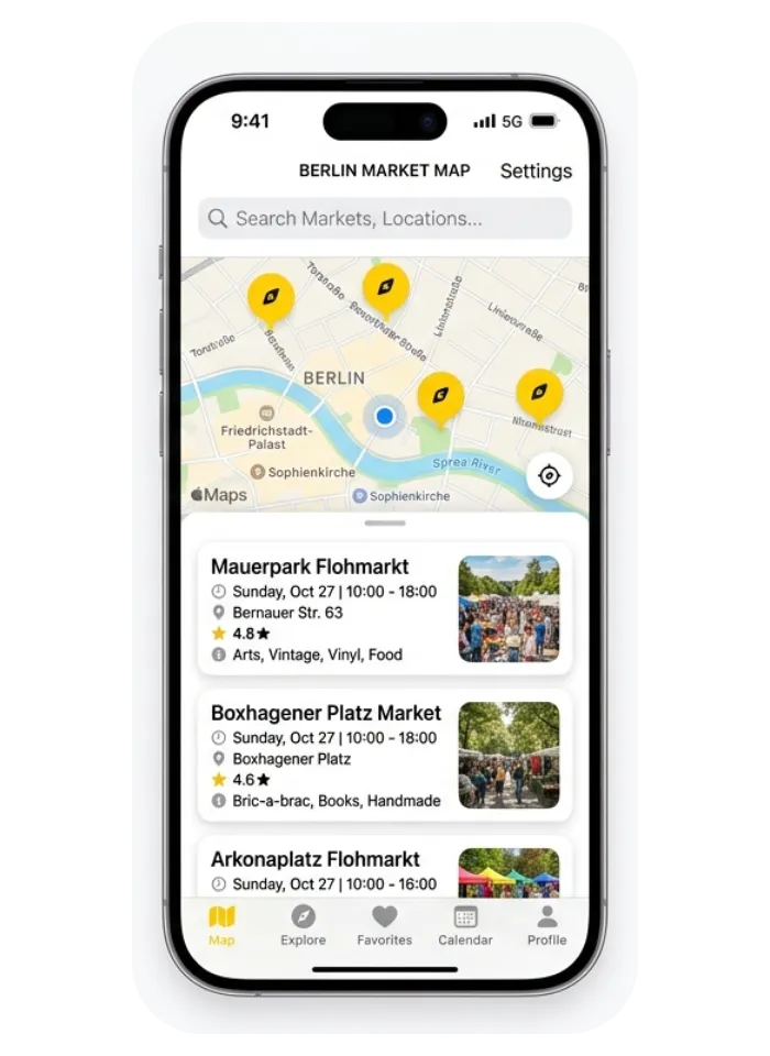 KiezGold-App auf dem iPhone: Schatzkarte mit Pins für Berliner Flohmärkte und Marktdetails.